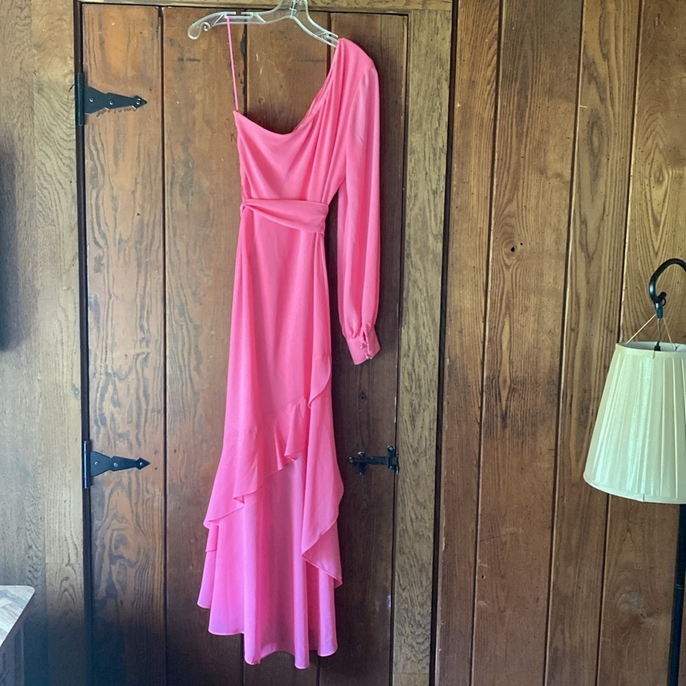 Belle By Badgley Mischka Bailey 1 Shoulder L/S Ruffle High Lo Asymmetrical Hem 6 - Picture 6 of 14